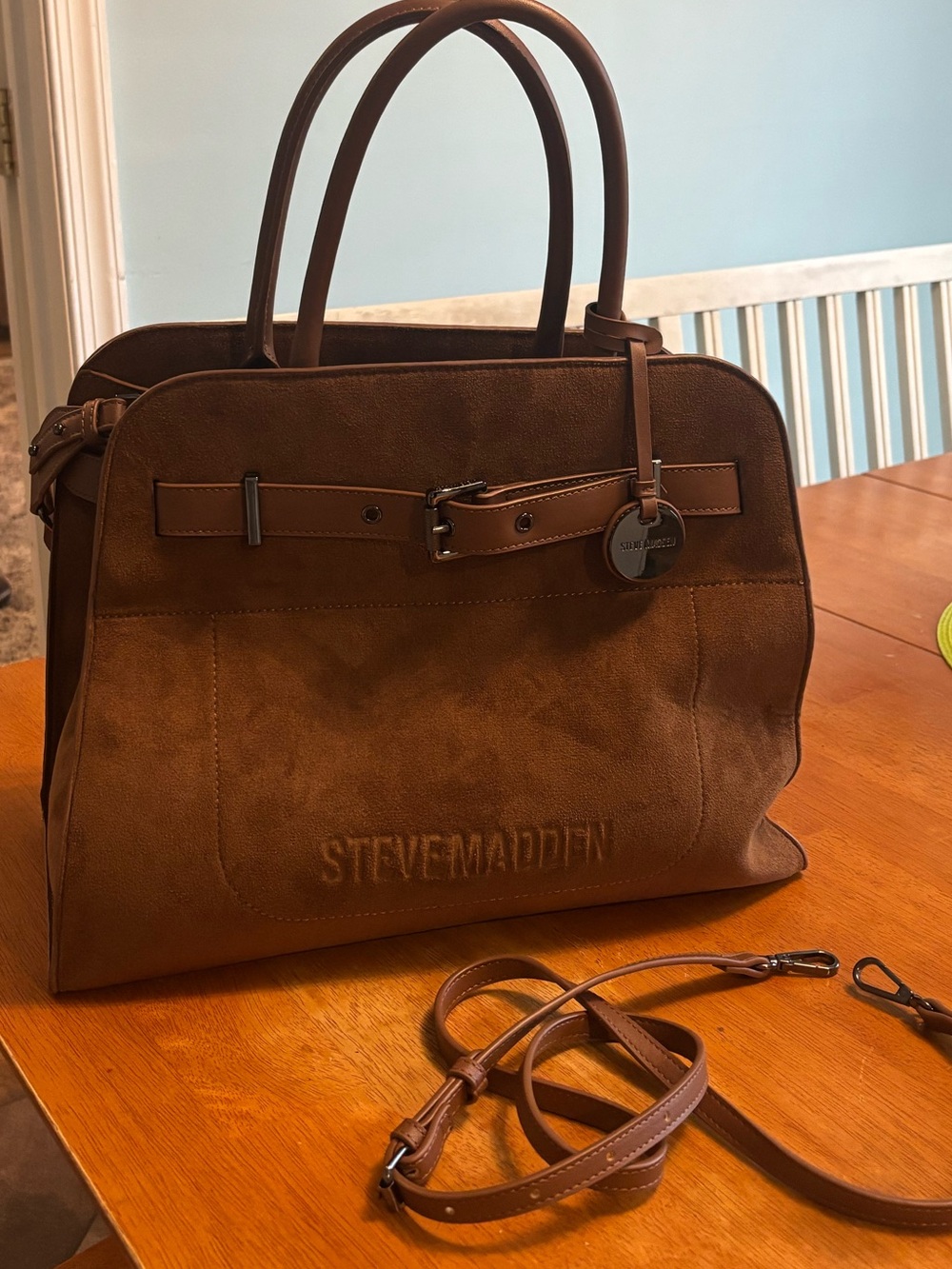Steve Madden Brown Suede and Leather Satchel with Detachable Strap
